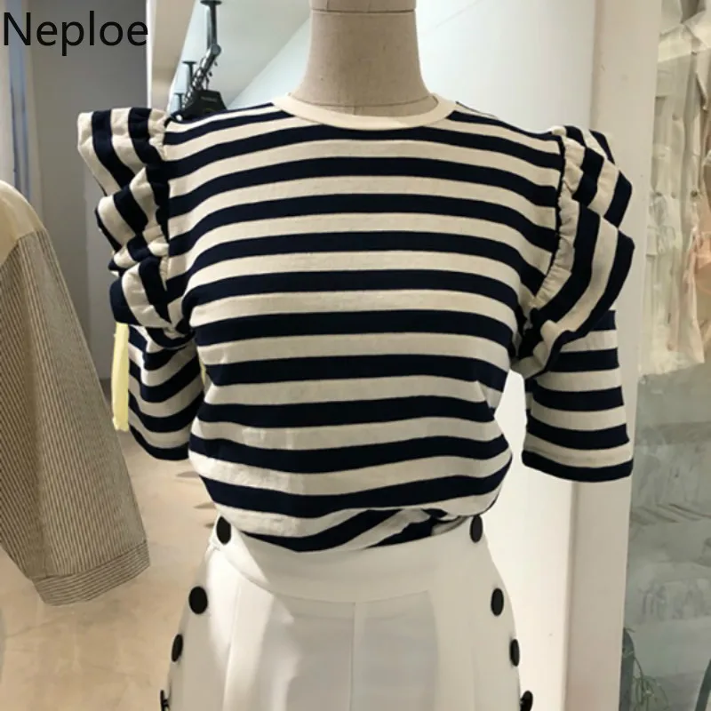 Neploe Black White Stripe T Shirts Women Korean Ruffles O Neck Short Sleeve Ladies Top Summer 2024 Loose Casual Female Tee 1A030