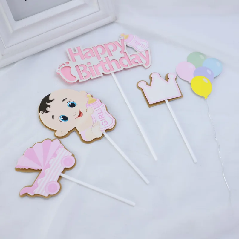 Happy Birthday Cake Toppers Balloon Stars Baby Shower Cake Flags It's A Girl Boy Birthday Gender Reveal Party Castle Cake Decor