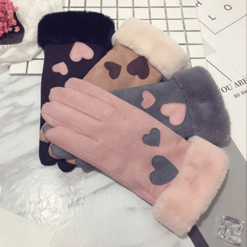 Fashion suede love touch screen gloves winter female outdoor plus velvet thickening refers to driving windproof warm gloves D91