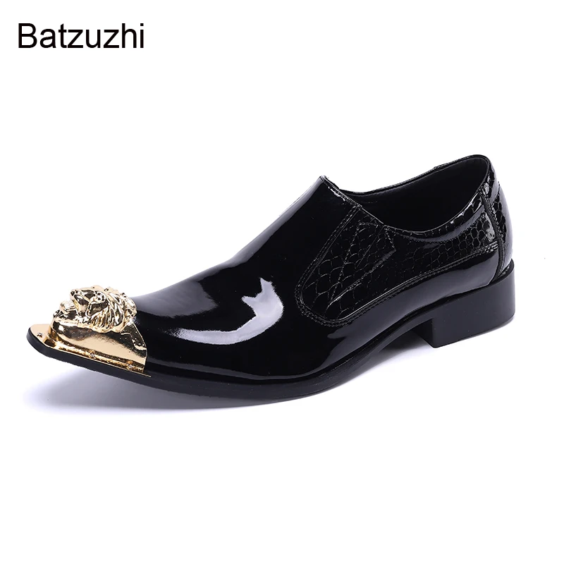 Batzuzhi Italian Type Men's Shoes Golden Iron Head Black Patent Leather Dress Shoes for Men Party and Wedding/Business, EU38-46