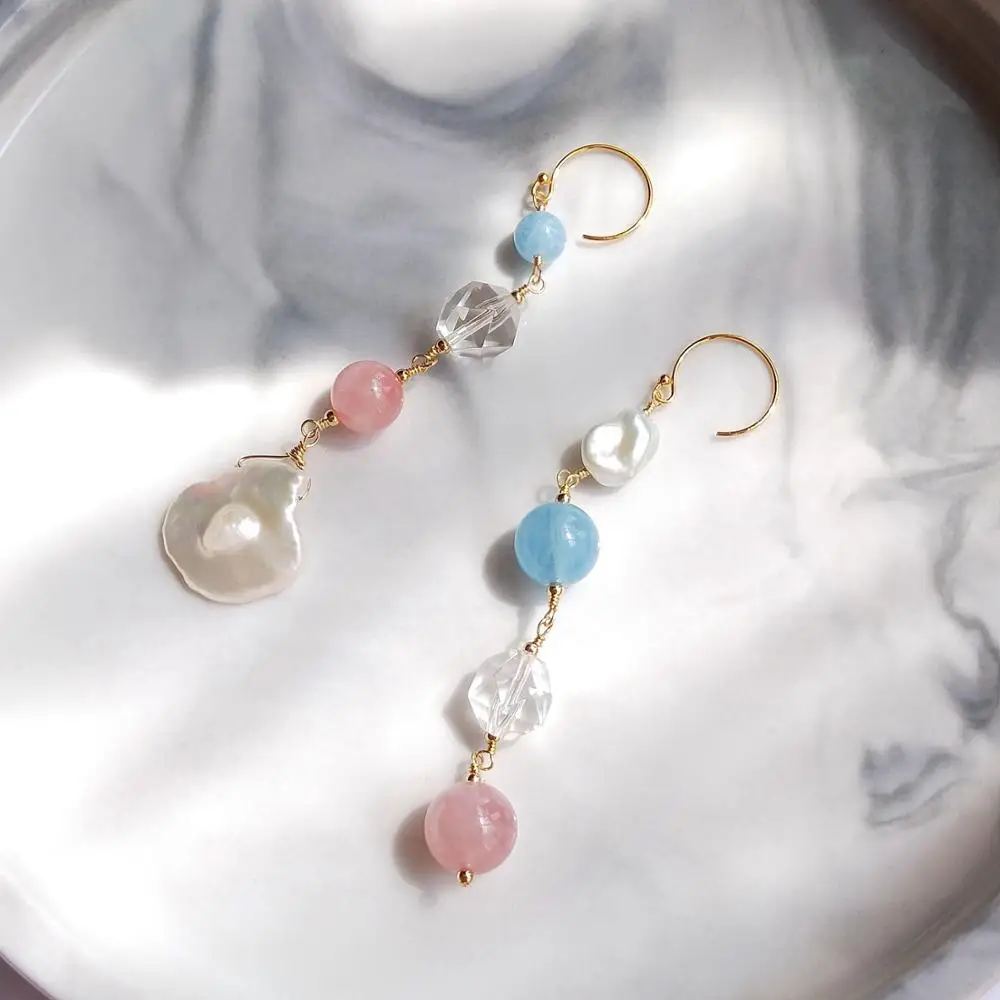 LiiJi Unique Genuine Stone Asymmetric Earrings US Goldfilled Aquamarine Rose Quartz Baroque Pearl Crystal Unique Long Earrings