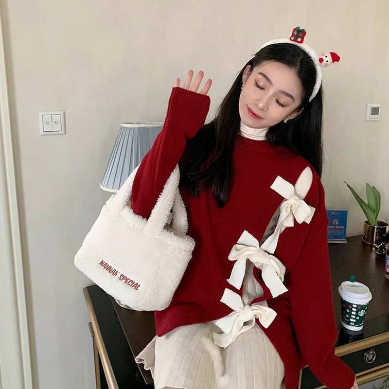 Pullovers Women Elegant Solid Lovely O-Neck Korean Version Bow Simple Lazy Style Design Ladies Sweaters Minimalist Basic Classic