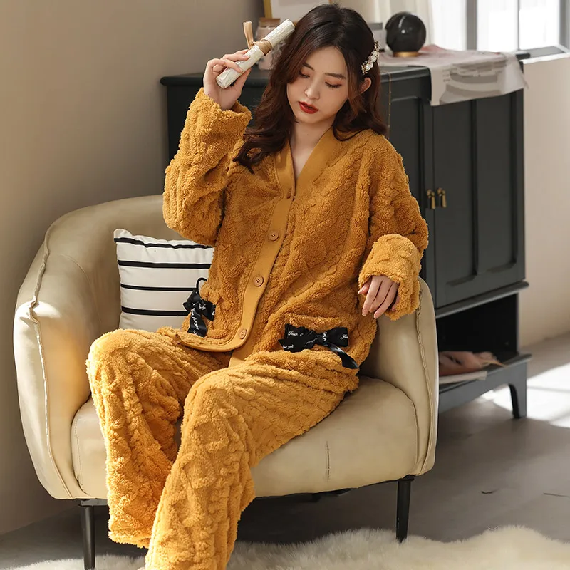 

Warm Flannel Pajamas Sets Winter Women Two Piece Pajama Set Bowknot Female Sleepwear Home Clothing Women's V-Neck Pajamas Suit