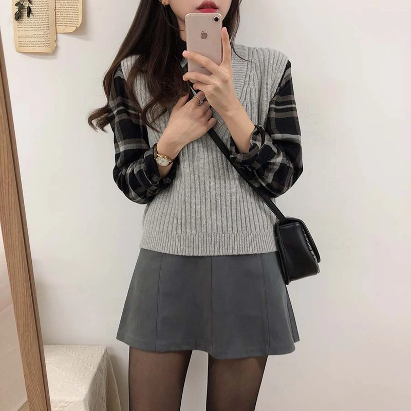 winter knitted top pullover v neck sleeveless design korea Japanese preppy style girls bow tie sweater woolen vest vest 10327