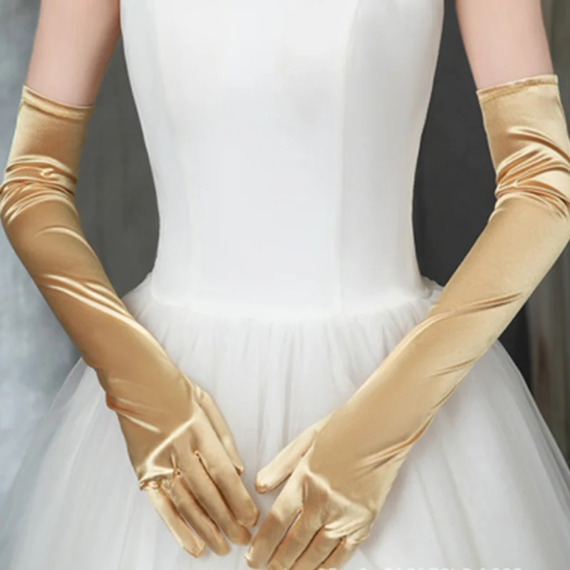 Korean Women Christmas White Wedding Dress Long Satin Elastic Etiquette Gloves Summer Sunscreen UV Full Finger Driving Glove K14