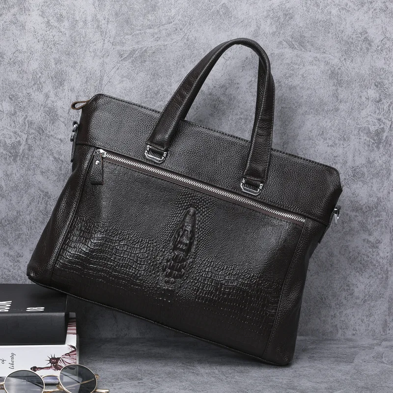 Luxury crocodile head pattern men business bag genuine leather briefcase brand design vintage shoulder handbag work laptop bags