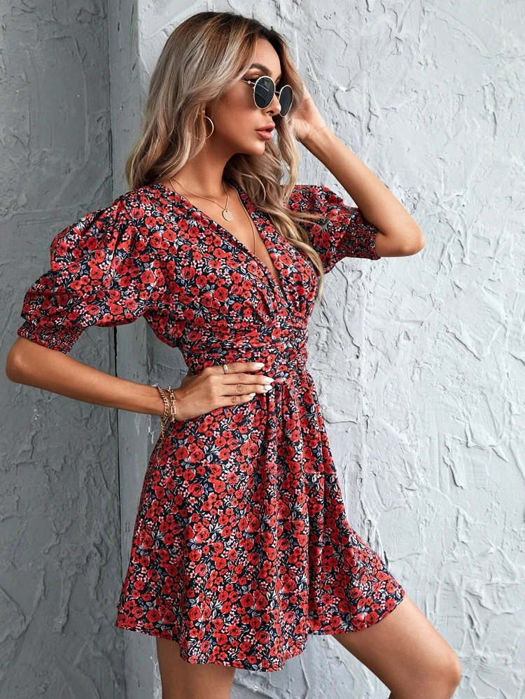 

Floral Print Shirred Back Puff Sleeve Dress