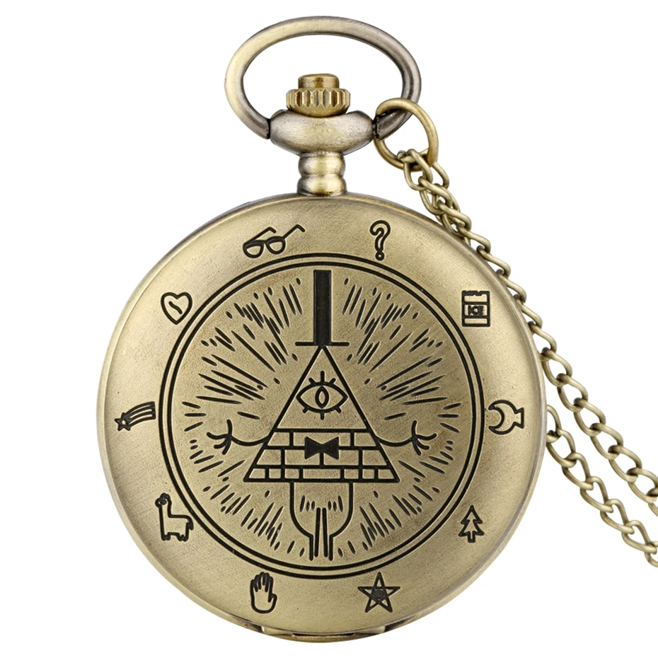 Gravity Fall Bill Cipher Time Edelstein Halskette Quarz Taschenuhr Weird Town Triangle One-Eyed Devil Anhänger Kette für Männer Frauen