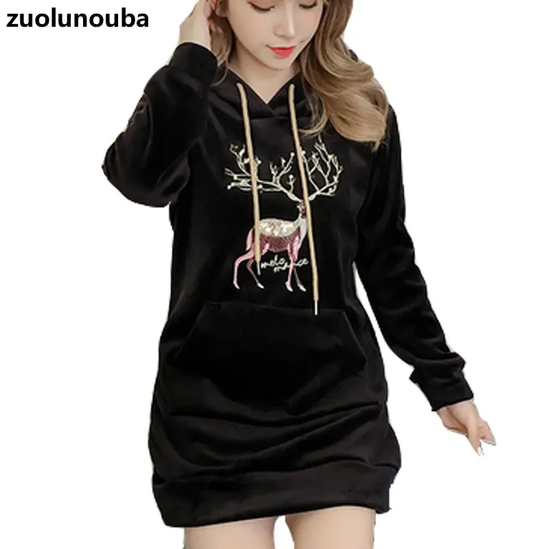 2020 Autumn And Winter Explosion Mid-length Gold Velvet Cartoon Print Ladies Hoodie All-match Women Sweatshirt Fashion Casual