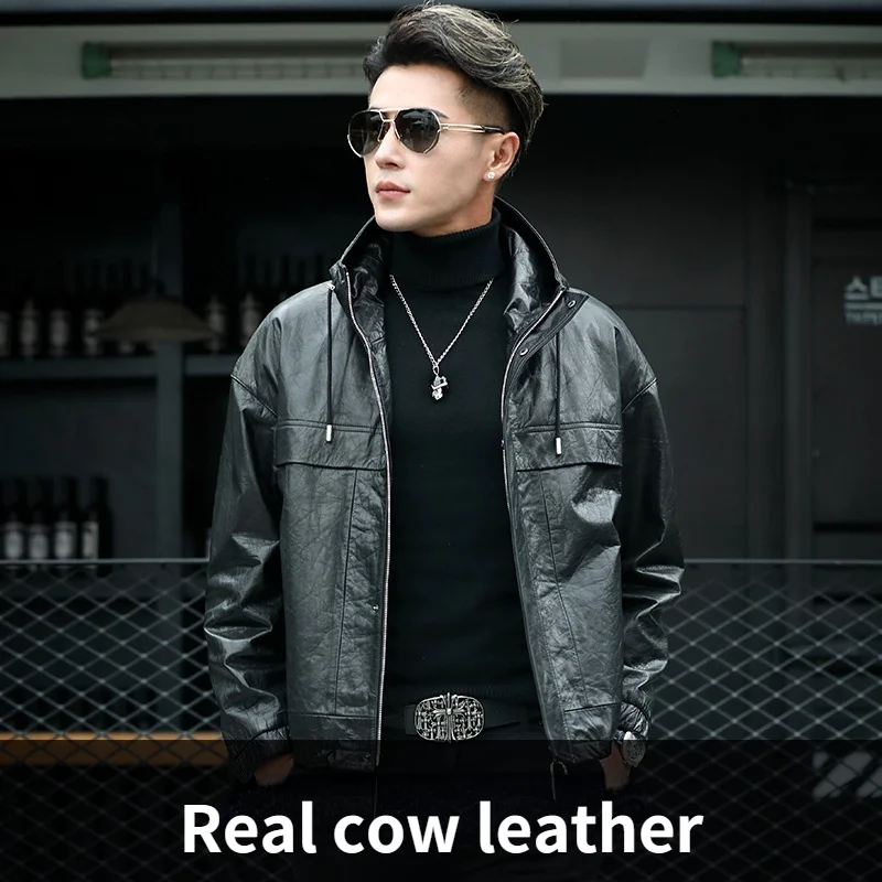 

First Layer Leather Jacket Fashion Men's Autumn Short Hood Genuine Leather Coat Loose Cow Leather Jacket Men Clothing M - 5XL