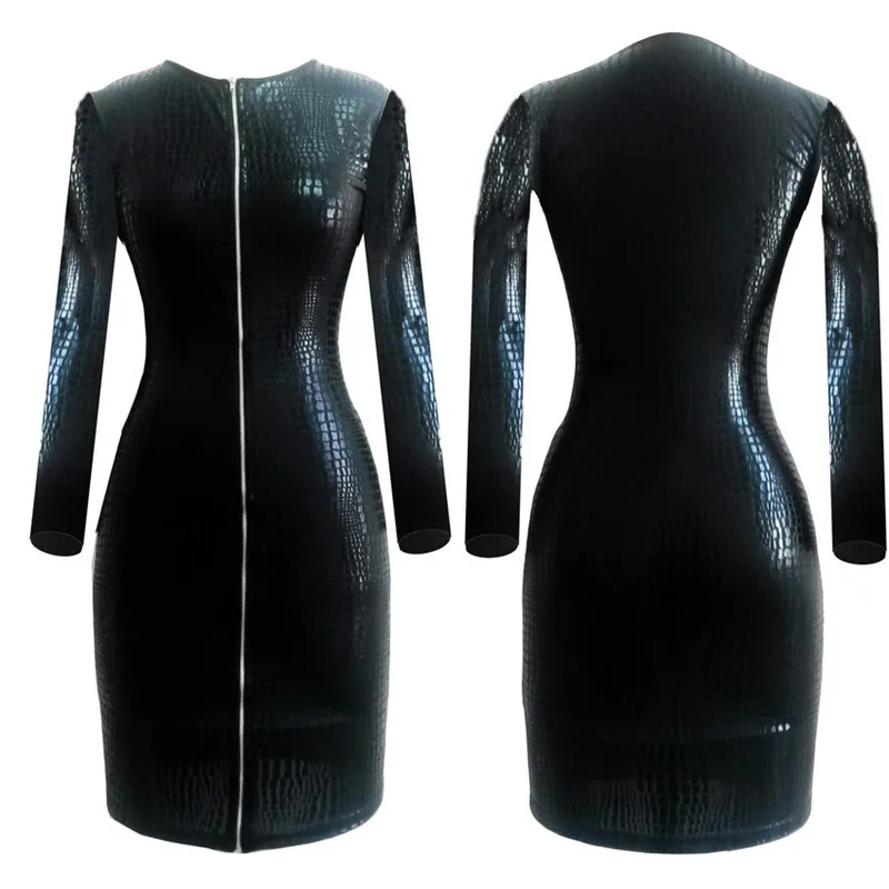 Vestido Bodycon preto de couro falso feminino, Pele de cobra, vestido bandagem, zíper, roupa sexy, tamanho positivo, S-3XL, verão, novo, 2016