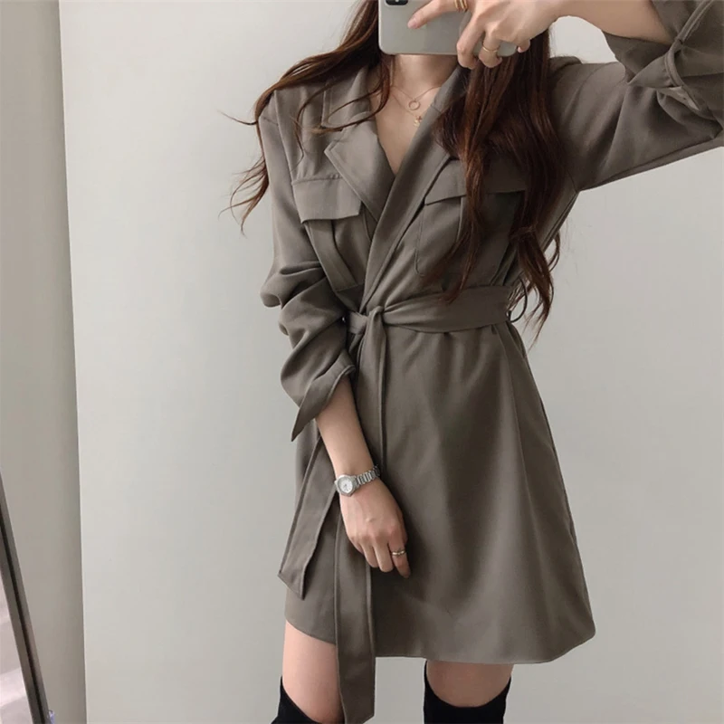 

Autumn Women Notched Dress Fashion Sashes Long Sleeve Loose Dress Chic Pocket Vintage Female Button Mini Casual Lace Up Dress