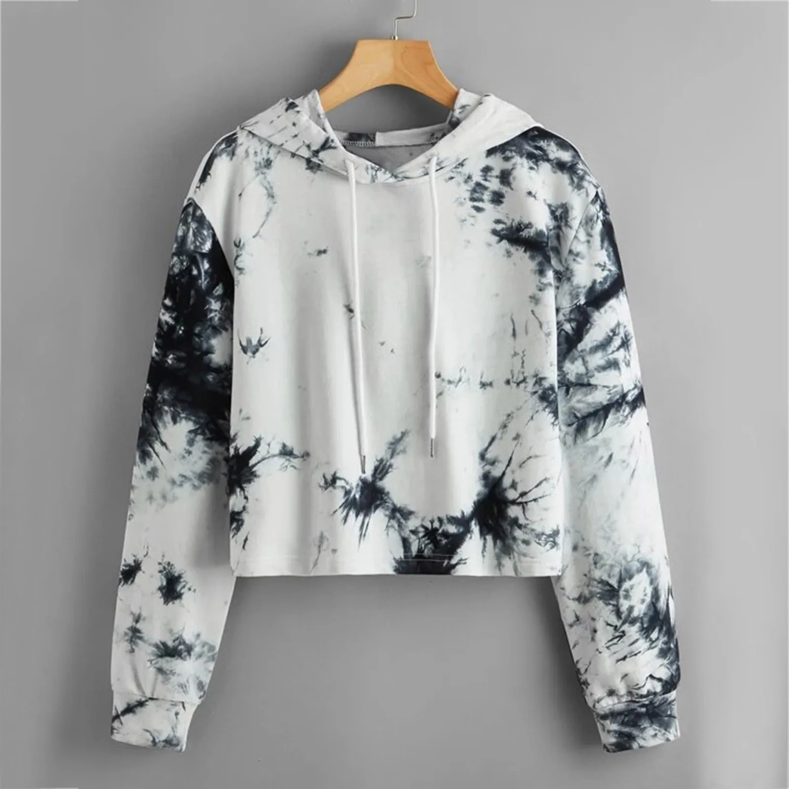 Women Long Sleeve Crop Hooded Tie-Dye Print Sweatshirt Crop Top Hoodies Pullover Top Blouse Harajuku Hoodie Streetwear Women Top