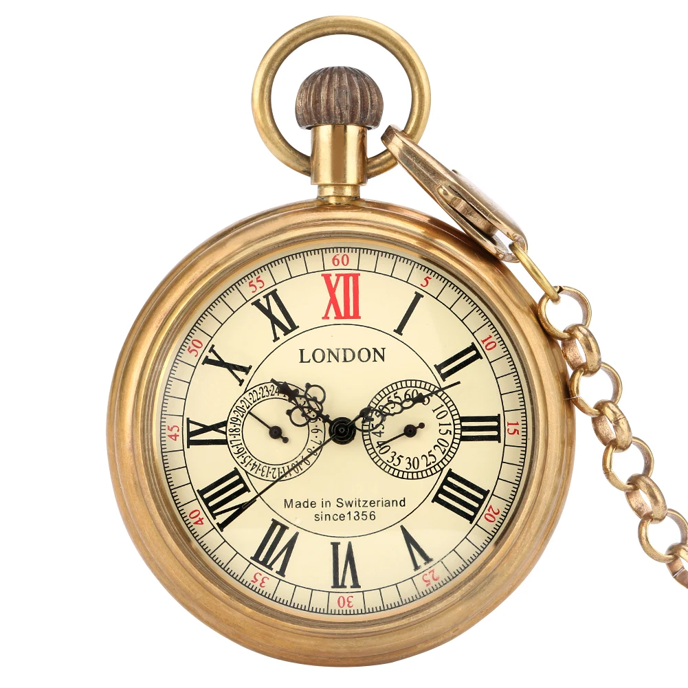 Big Size Vintage Brass Mechanical  Pocket Watch Without Cover Roman Digital Comfortable Thick Chain Pendant Unisex Portable Gift