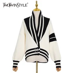 TWOTWINSTYLE Patchwork Striped Korean Cardigans For Women V Neck Long Sleeve Casual Sweaters Female 2022 Autumn Fashion New