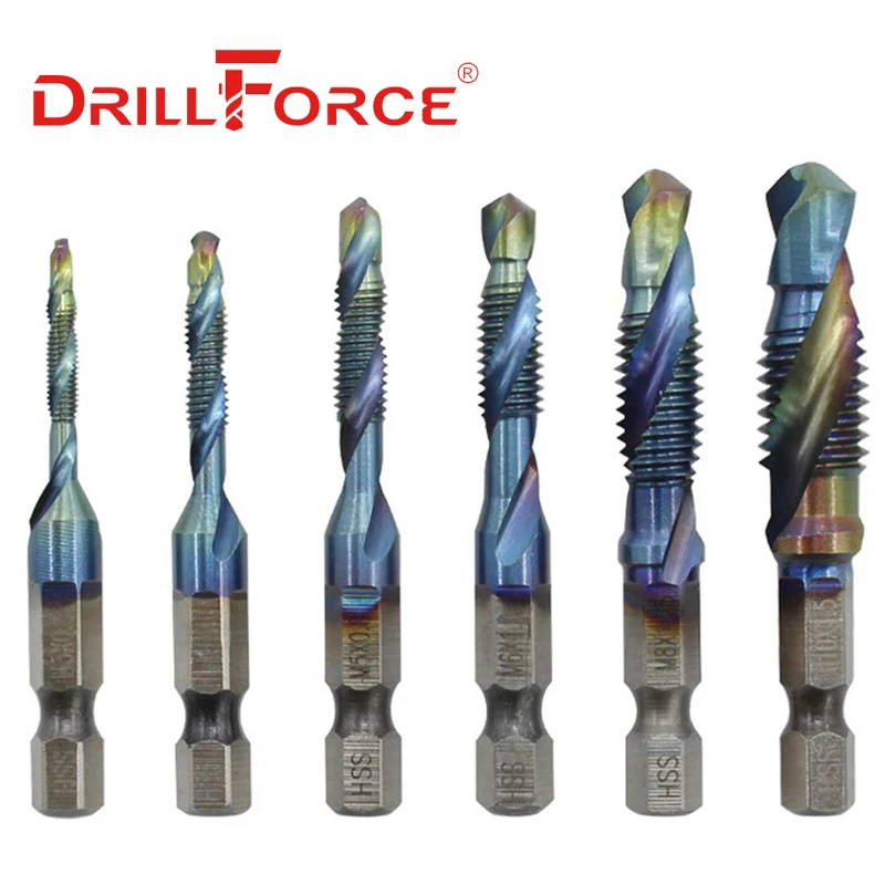 

6PCS M3-M10 Screw Tap Drill Bits Set HSS Spiral Taps Metal Wood Metric Combination 1/4" Quick Change Hex Bit M3 M4 M5 M6 M8 M10