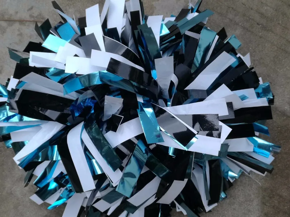 Professional Cheerleader Pom Poms, Metallic, Light Blue, Black, White, Custom Color, 1 Pc