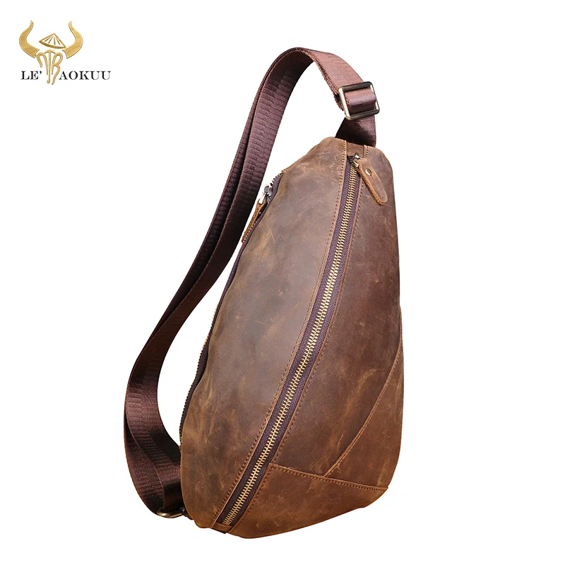 

Men Original Real Leather Fashion Tringle Chest Bag Black Design Male Sling Crossbody One Shoulder Bag Backpack Daypack 5059