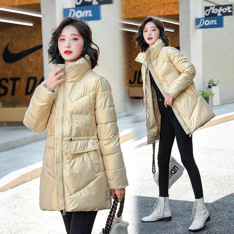 

2021 Shiny Cotton Padded Jackets Winter Stand Collar Loose Slim Cotton Coat Fashion Long Sleeve Draw String Warm Parkas LJ3449