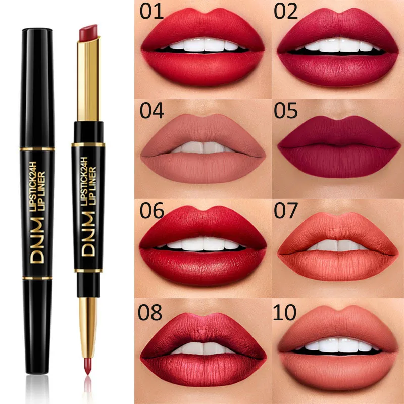 DNM brand double-ended waterproof matte velvet lipstick red pencil matte lipstick makeup 12 colors cosmetic lip liner tool TSLM1