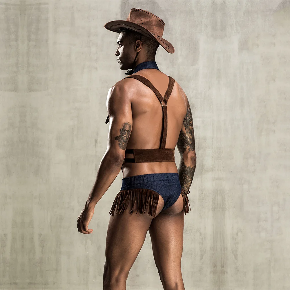 4Pieces Mens Role Play Sexy Cowboy Uniform Set Cosplay Gay Bar Dance Costume Outfit