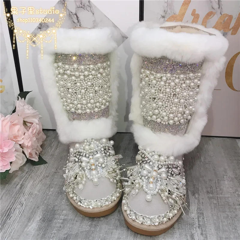 Women Boots Warm Winter Cowhide Snowshoes Thickened High Tube Fairy Pearl Crystals Cotton Shoes Beautiful Long Bucket Boots