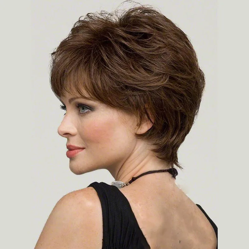 Woman Short Brown Layered Straight Wig With Bangs Synthetic Wig For Women Heat Resistant Fiber Daily Party  Use Wig