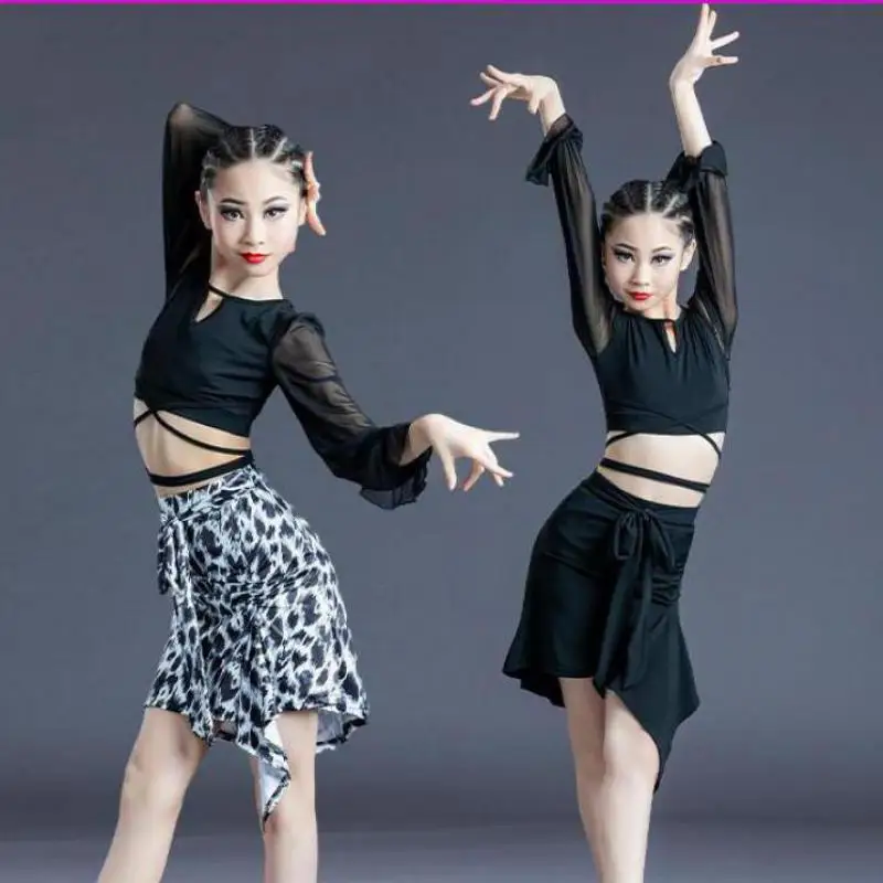 Girls Leopard Print Latin Ballroom Dance Competition Costumes Mesh Children Black Salsa Modern Latin Practice Dancewear Dress