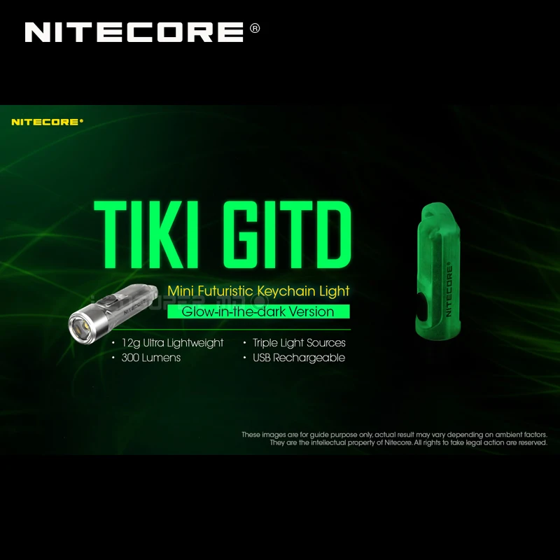 Glow-in-the-dark Nitecore TIKI GITD Mini Futuristic Keychain Light with Auxiliary UV Light and High CRI White Light