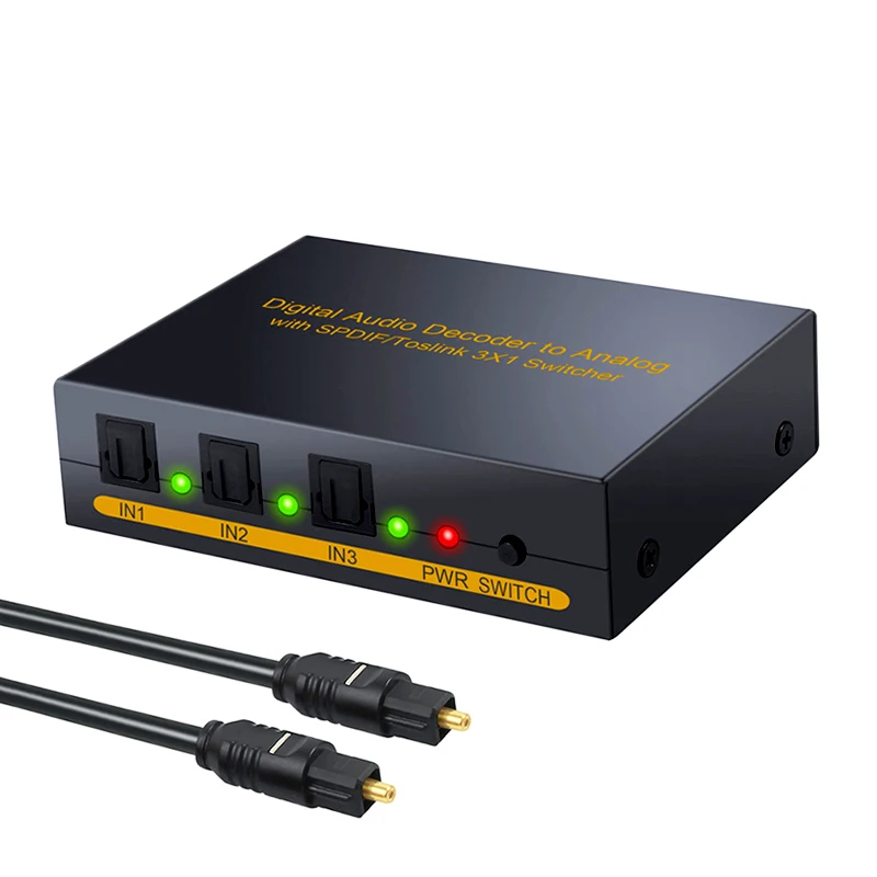 SPDIF Switch 3 Port Digital Audio Decoder to Analog with SPDIF Toslink 3×1 Switcher 5.1 Channel SPDIF 2xRCA 3.5mm jack Headphone