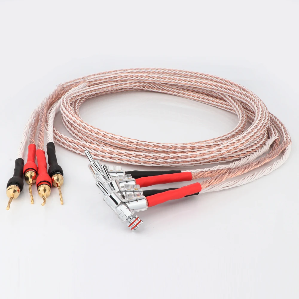 Pair Hi-End 12TC 5N OCC Copper Speaker Cable Gold Plated Banana Pin Plug to Rhodium Plated Angled Banana Plug Loudspeaker Cable