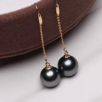 Fine jewelry pure 18K yellow gold 10mm natural 9-8mm black round pearl earrings for women beautiful pearl earrings