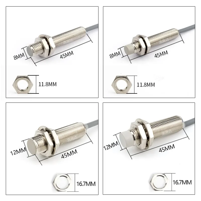 2Wires M8 M12 Inductive Metal Sensor Switch DC12V 24V Direct Current  2 Wires NO NC Proximity Switch 1mm 2mm 4mm