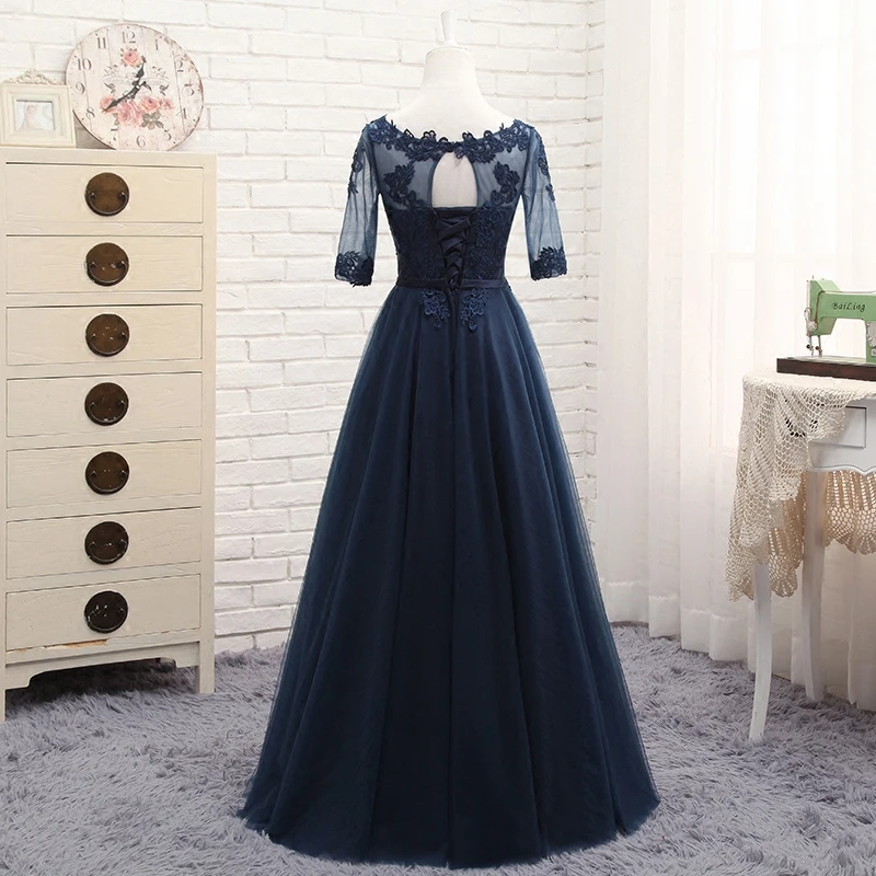 Robe de soiree 2023 wholesale Scoop Neck Half Transparent Lace Embroidery long Navy blue party prom dress Bridesmaid Dresses