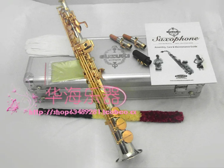 Hot SUZUKI New Arrival White copper body gold key straight tube split Soprano Saxophone b flat Saxofone Top Musical Instruments