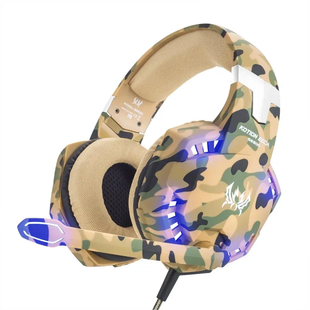 

KOTION EACH G2600 Camouflage Gaming Headset Noise Cancelling Headphones Wired Earphone with Mic LED Light for PS4/PC/Xbox One/iP