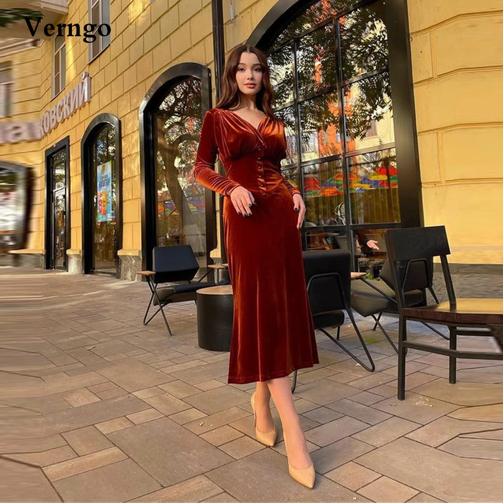 

Verngo 2022 Modest Long Sleeves Velour Evening Party Dresses V Neck Midi Tea Length Prom Dress Simple Formal Dress For Women