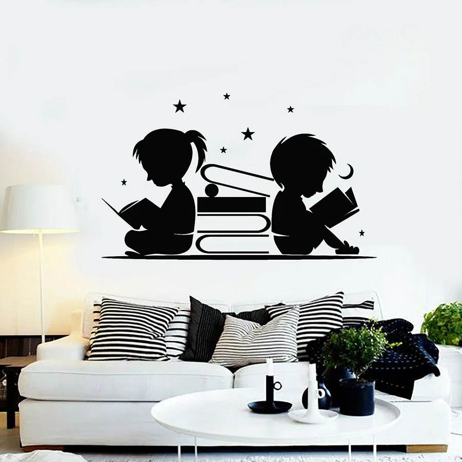 Boy Girl Read Books Wall Sticker Stars Moon Wall Art Murals Library Reading Corner Wall Decor Children Room Nursery Decoration