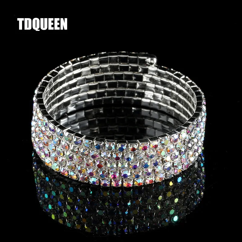 AB Crystal Rhinestone Bangle Bracelets Silver Plated Spiral Upper Arm Bracelet for Women 5 Row Iridescent Color Bracelets Bangle