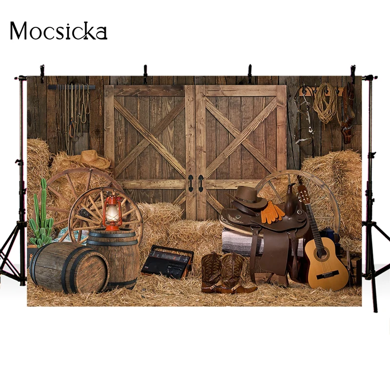 Mocsicka Autumn Farm Photography Background Haystack Denim Clothes Wooden Door Decoration Child Portrait Photo Backdrop Studio