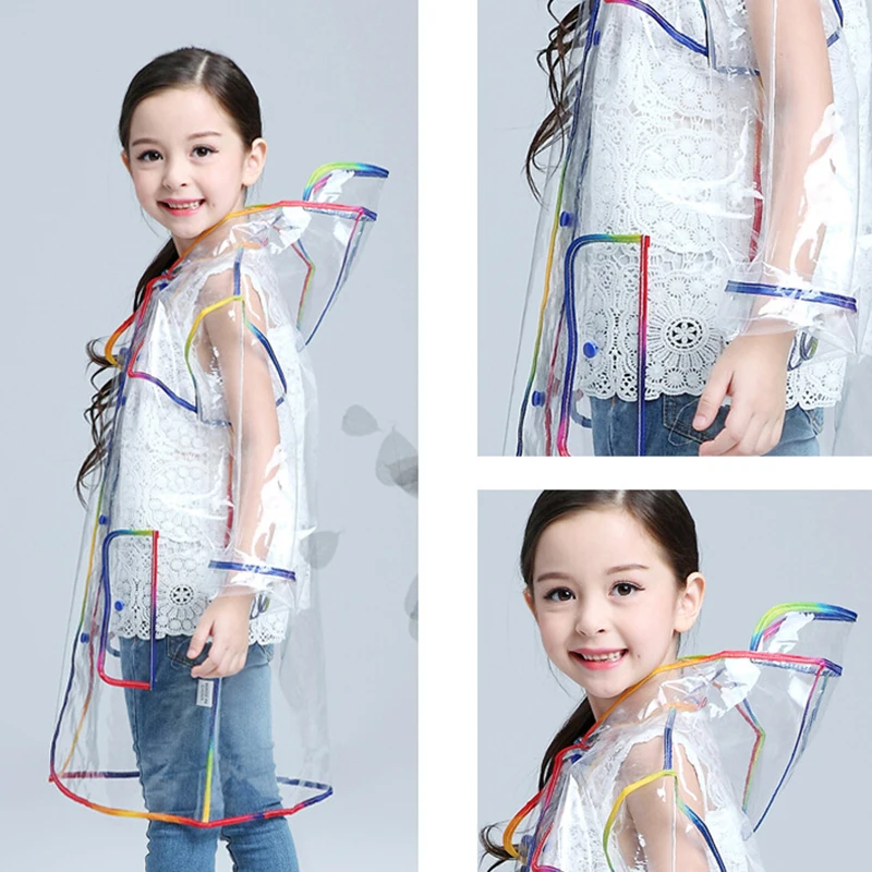 Transparent Rainbow Edge Kids Raincoat Waterproof EVA Children Rain Coat Windproof Rain Jacket Poncho Hat Kindergarden Rain Gear