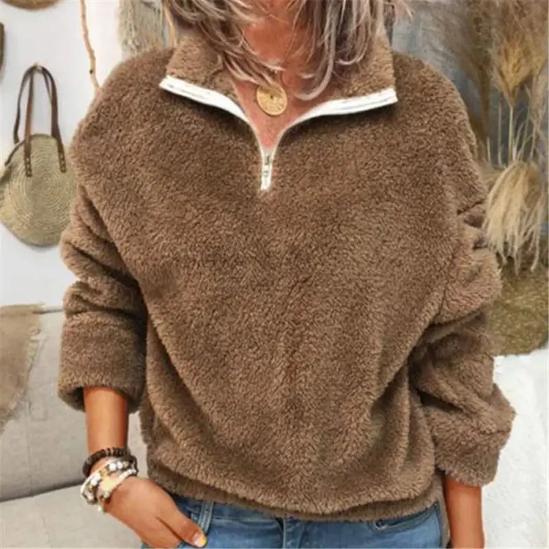 

Women Oversized Teddy Sweater Plus Size 5XL Zipper Pullover Warm Streetwear Tops Winter Sherpa Fleece Fluffy Sweatshirts