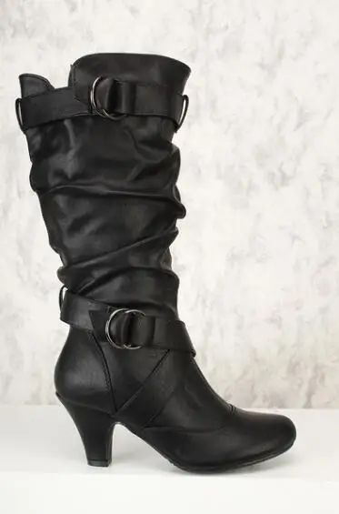 High Heels Boots Women Pu Knee High Boots Female Round Toe Buckle Shoes High Heels Shoes Autumn Winter 2019 New Black