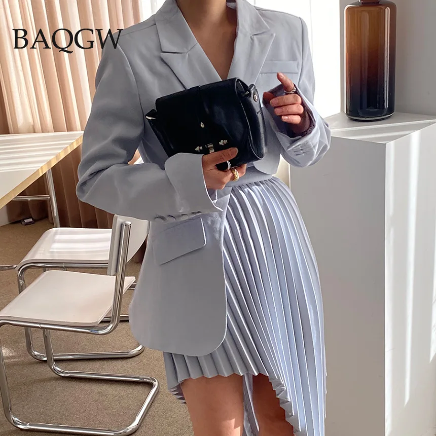 Office Lady Casual Solid Two Piece Set for Women Notched Long Sleeve Blazer High Waist Irregular Skirt Female Party Korean Sets