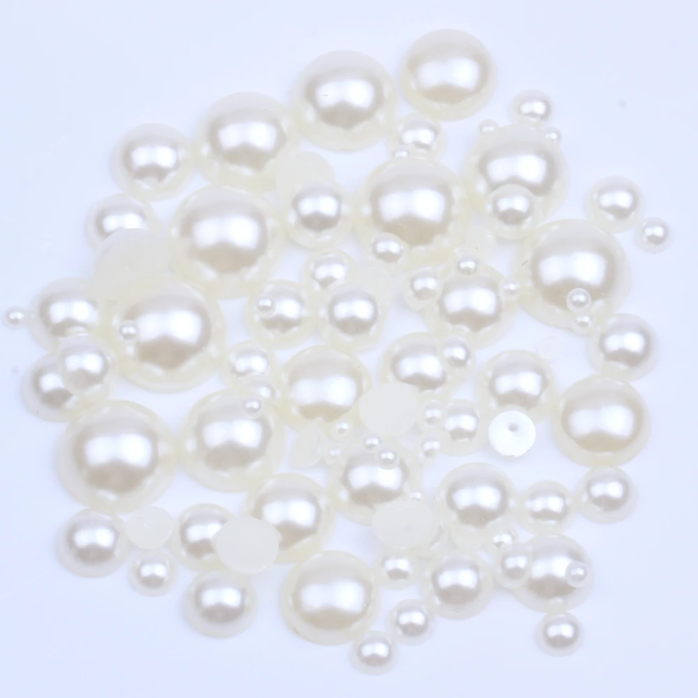 High Quality Half Round Pearls Mixed Sizes Flatback Ivory Loose Imitaiton Glue On Resin Beads For Jewelry Making Decorations