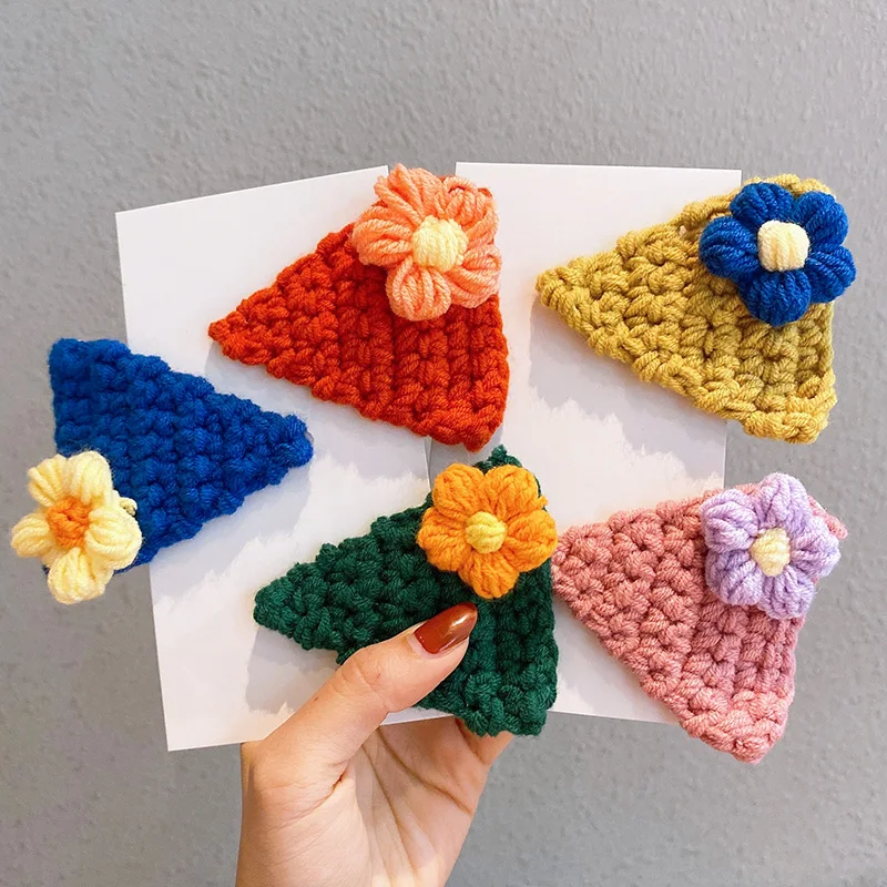 Children Cute Colors Knitting Triangle Flower Ornament Hair Clips Girls Lovely Sweet Barrettes Hairpins Kids Hair Accessories