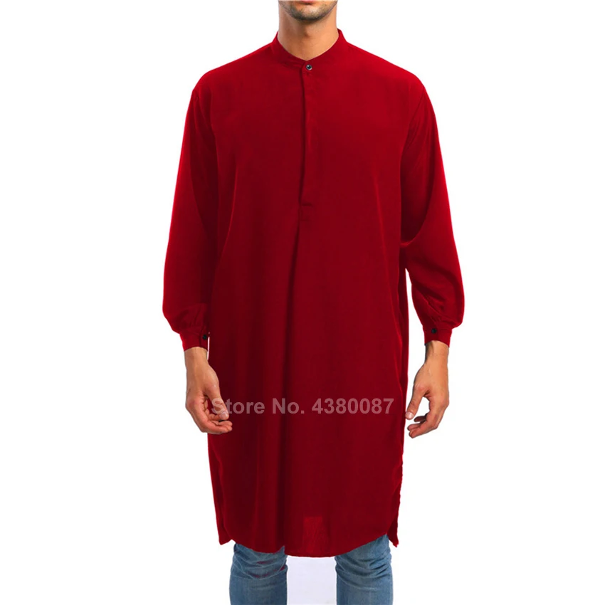 Effen Kleur Saudi Arabische Mannen Moslim Traditionele Thobe Knop Lange Shirt Turkse Toevallige Mannelijke Lange Mouw Islamitische Kleding