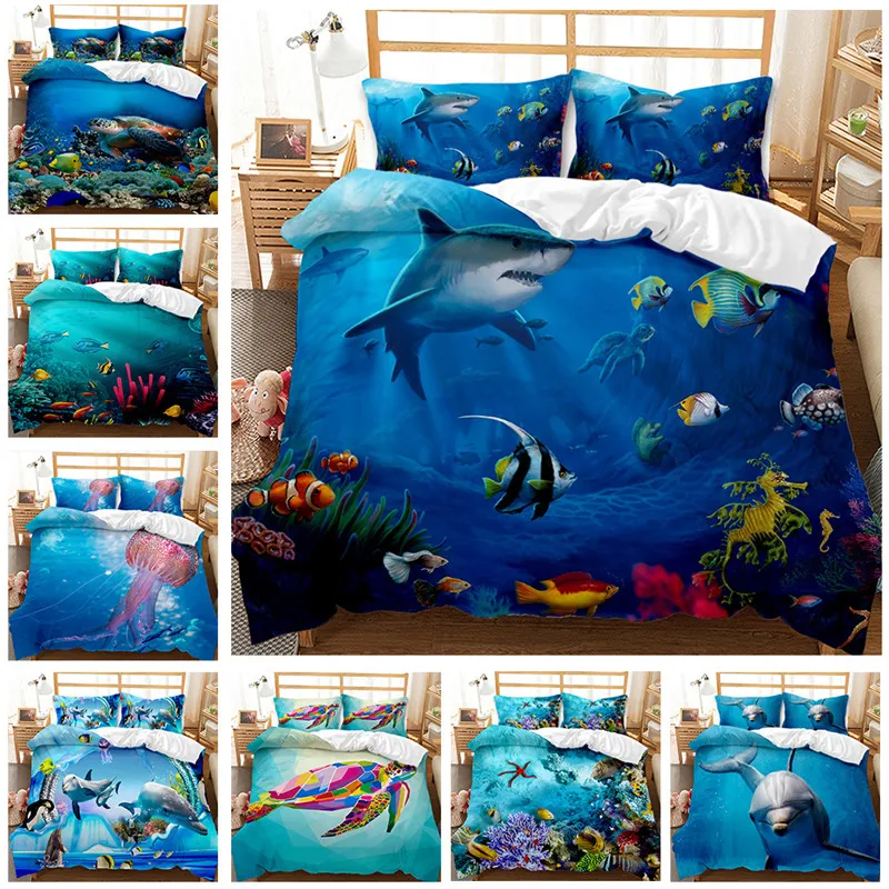 

3D Turtle Bedding Set Ocean Duvet Cover Sea Animal Bed Linen Kids Teens Home Textile Marine Life Bedclothes Blue Whale Bed Set