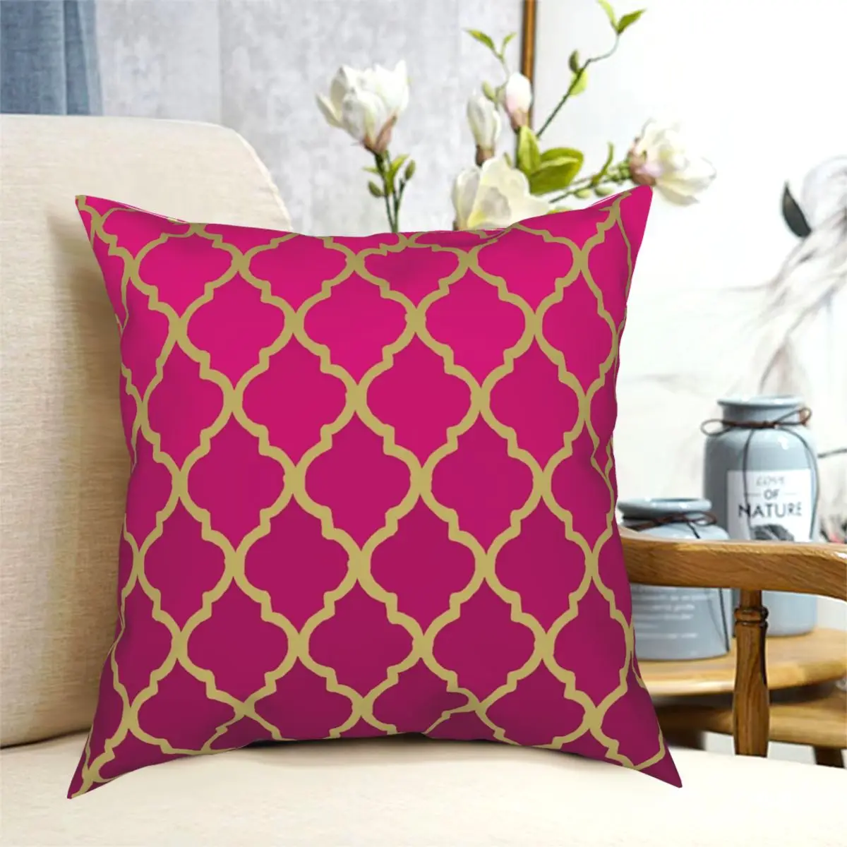 

Moroccan Pink & Gold Square Pillowcase Polyester Creative Decor Throw Pillow Case for Bed Cushion Cover 18"