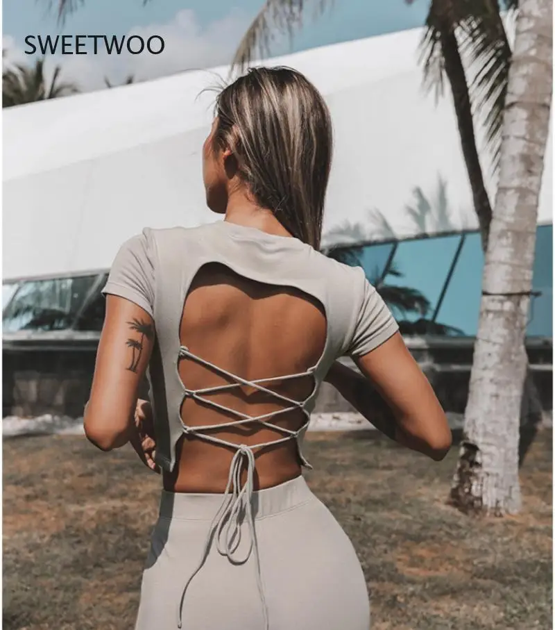 

Summer women's sports T-shirt fashion straps beauty back yoga wear short sleeves with chest pads sports tight fitness tops